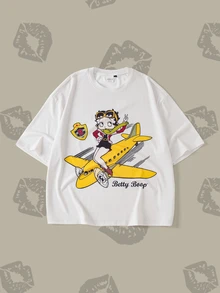 Betty Boop x SHEIN Men's Letter & Airplane Print Short Sleeve Casual T-Shirt - Apricot - View 4