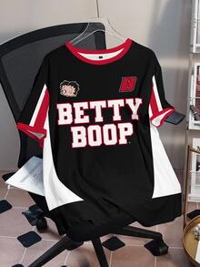 Betty Boop x SHEIN Plus Size Women Summer Casual Anti Social Fashionable Street Sporty Letter Cartoon Print Contrast Color Loose Fit T-Shirt Vacation Birthday Black - White - View 4