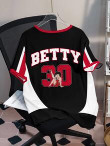 Betty Boop x SHEIN Plus Size Women Summer Casual Anti Social Fashionable Street Sporty Letter Cartoon Print Contrast Color Loose Fit T-Shirt Vacation Birthday Black - White - View 2