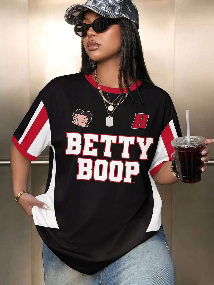 Betty Boop x SHEIN Plus Size Women Summer Casual Anti Social Fashionable Street Sporty Letter Cartoon Print Contrast Color Loose Fit T-Shirt Vacation Birthday Black - White - View 1