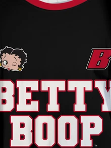 Betty Boop x SHEIN Plus Size Women Summer Casual Anti Social Fashionable Street Sporty Letter Cartoon Print Contrast Color Loose Fit T-Shirt Vacation Birthday Black - White - View 5