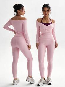 SHEIN Dewbera 1 Set Light Pink Off Shoulder Long Sleeve Sports Set, Halter Inner Layer, Ruched Crop Top & High Waist Leggings, Slim Bodycon Fit, Suitable For Yoga - Baby Pink - View 10