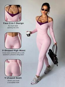 SHEIN Dewbera 1 Set Light Pink Off Shoulder Long Sleeve Sports Set, Halter Inner Layer, Ruched Crop Top & High Waist Leggings, Slim Bodycon Fit, Suitable For Yoga - Baby Pink - View 1