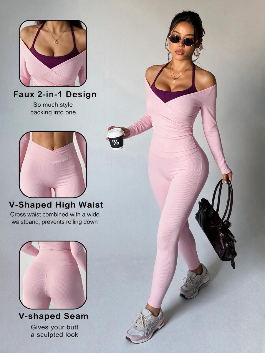 SHEIN Dewbera 1 Set Light Pink Off Shoulder Long Sleeve Sports Set, Halter Inner Layer, Ruched Crop Top & High Waist Leggings, Slim Bodycon Fit, Suitable For Yoga - Baby Pink - View 1