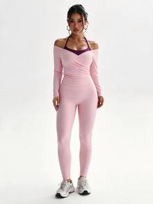 SHEIN Dewbera 1 Set Light Pink Off Shoulder Long Sleeve Sports Set, Halter Inner Layer, Ruched Crop Top & High Waist Leggings, Slim Bodycon Fit, Suitable For Yoga - Baby Pink - View 5