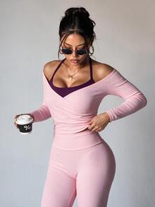 SHEIN Dewbera 1 Set Light Pink Off Shoulder Long Sleeve Sports Set, Halter Inner Layer, Ruched Crop Top & High Waist Leggings, Slim Bodycon Fit, Suitable For Yoga - Baby Pink - View 3