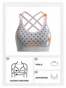 Sovereign Charm Sovereign Charm 1pc Seamless High Elastic Classic Polka Dot Contrast Color Spaghetti Strap Criss-Cross Hollow Design Women's Sports Bra, Fashionable Versatile Back Design - White - View 2