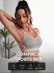 Sovereign Charm Sovereign Charm 1pc Seamless High Elastic Classic Polka Dot Contrast Color Spaghetti Strap Criss-Cross Hollow Design Women's Sports Bra, Fashionable Versatile Back Design - White - View 6