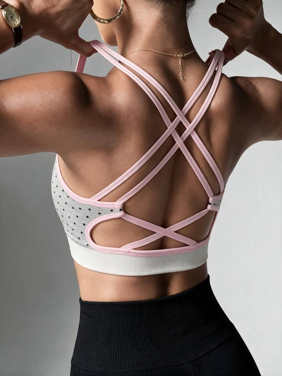 Sovereign Charm Sovereign Charm 1pc Seamless High Elastic Classic Polka Dot Contrast Color Spaghetti Strap Criss-Cross Hollow Design Women's Sports Bra, Fashionable Versatile Back Design - White - View 1
