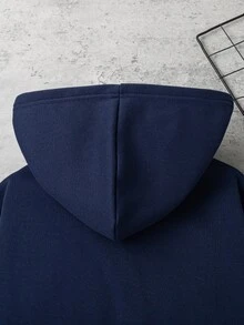 青少年寬鬆半拉鍊刺繡英文字印花衛衣，冬季校園返校厚款運動衫 - 藏蓝色 - 查看 9