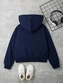 青少年寬鬆半拉鍊刺繡英文字印花衛衣，冬季校園返校厚款運動衫 - 藏蓝色 - 查看 3