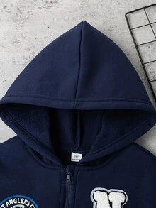 青少年寬鬆半拉鍊刺繡英文字印花衛衣，冬季校園返校厚款運動衫 - 藏蓝色 - 查看 7