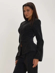 MUSEYN Black PU Zip Through Blazer Everyday Date Night Casual Winter Elegant Halloween Winter - Black - View 3