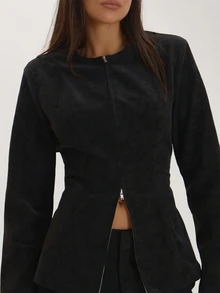 MUSEYN Black PU Zip Through Blazer Everyday Date Night Casual Winter Elegant Halloween Winter - Black - View 5