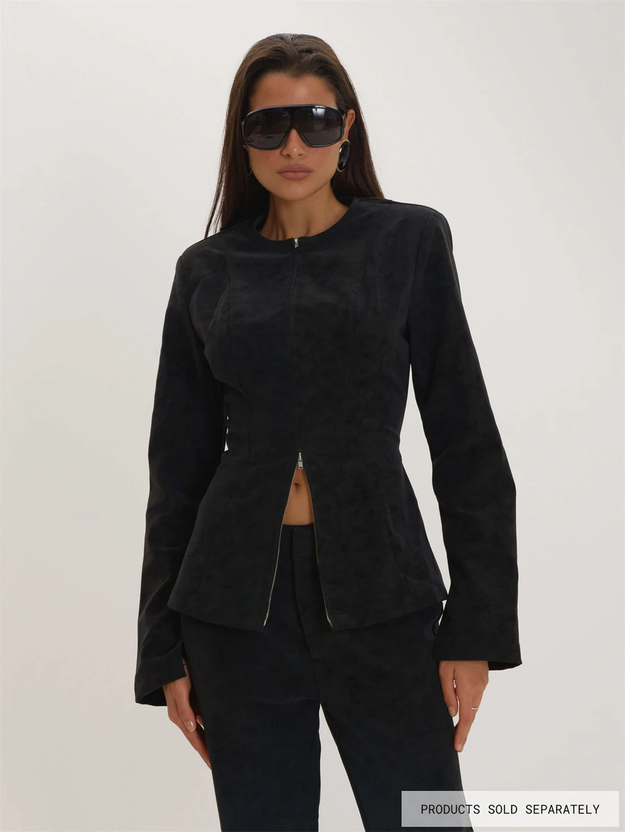 MUSEYN Black PU Zip Through Blazer Everyday Date Night Casual Winter Elegant Halloween Winter - Black - View 1