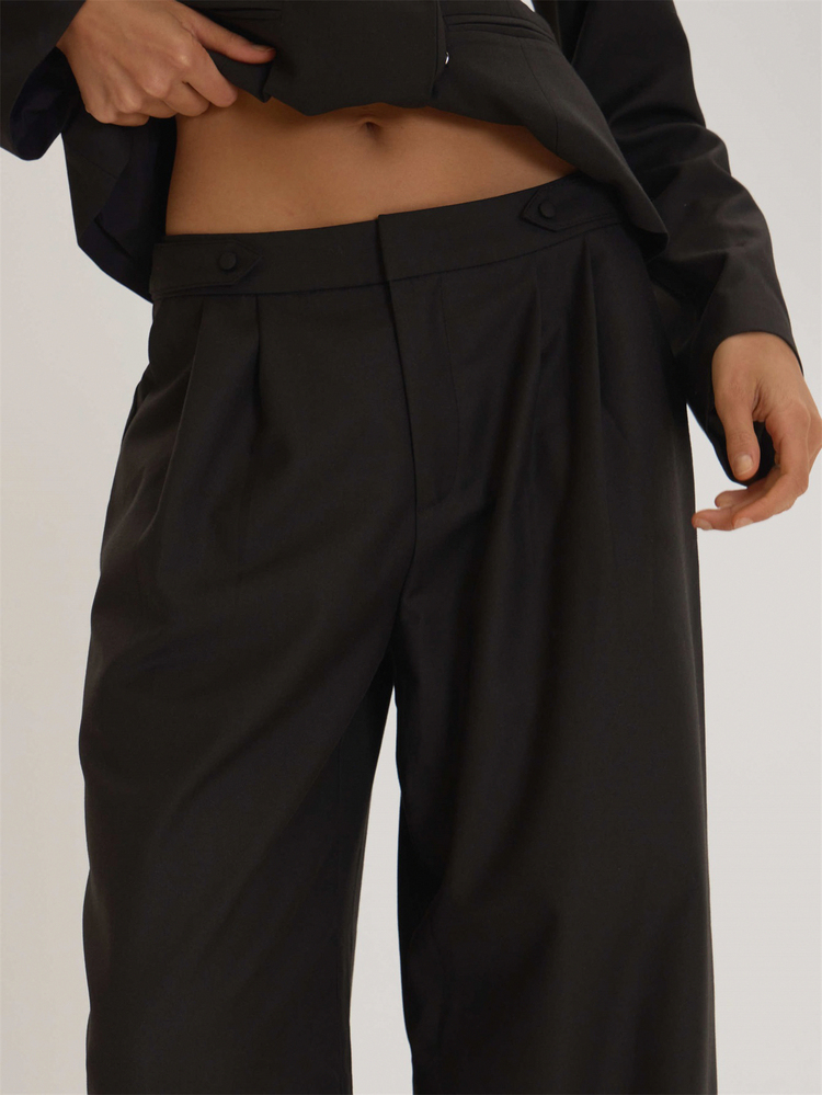 MUSEYN Black Woven Epaulette Detail Wide Leg Trousers Everyday Casual Winter Elegant Halloween Winter - Black - View 5