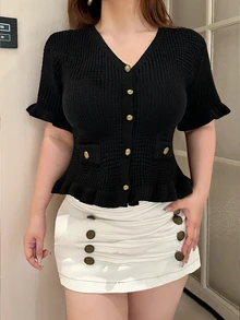 Vibekara Plus Size Women Solid Color Casual Daily Knit Top - Black - View 5