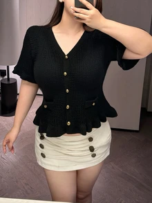Vibekara Plus Size Women Solid Color Casual Daily Knit Top - Black - View 6