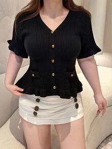Vibekara Plus Size Women Solid Color Casual Daily Knit Top - Black - View 3
