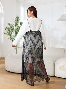 Solflare Đầm tay dài 2 trong 1 phối ren cho size lớn, thời trang dạo phố và đi học mùa thu - Nhiều màu - Xem 2