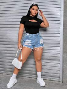 Muchica Plus Size Solid Color Cut Out Front Corset Black Tee - Black - View 5