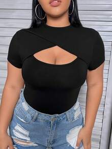 Muchica Plus Size Solid Color Cut Out Front Corset Black Tee - Black - View 1