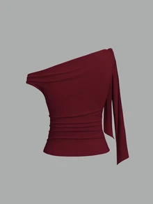 Sweetra Women's Asymmetrical Neck Bowknot Knot Blouse - Redwood - View 2