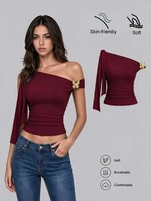 Sweetra Women's Asymmetrical Neck Bowknot Knot Blouse - Redwood - View 6