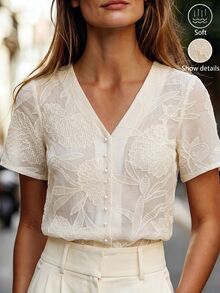 White Textured Floral Embroidered Mid-Sleeve V-Neck Cardigan Pearl Button Decoration Slightly Loose Romantic Elegant Fit French Wedding Women's Summer - Apricot - View 4