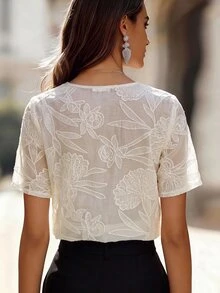 White Textured Floral Embroidered Mid-Sleeve V-Neck Cardigan Pearl Button Decoration Slightly Loose Romantic Elegant Fit French Wedding Women's Summer - Apricot - View 3