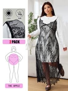 Solflare Plus Size Fashion Lace Patchwork 2 In 1 Long Sleeve Dress For City Stroll And Back To School Fall - Multicolor - View 1