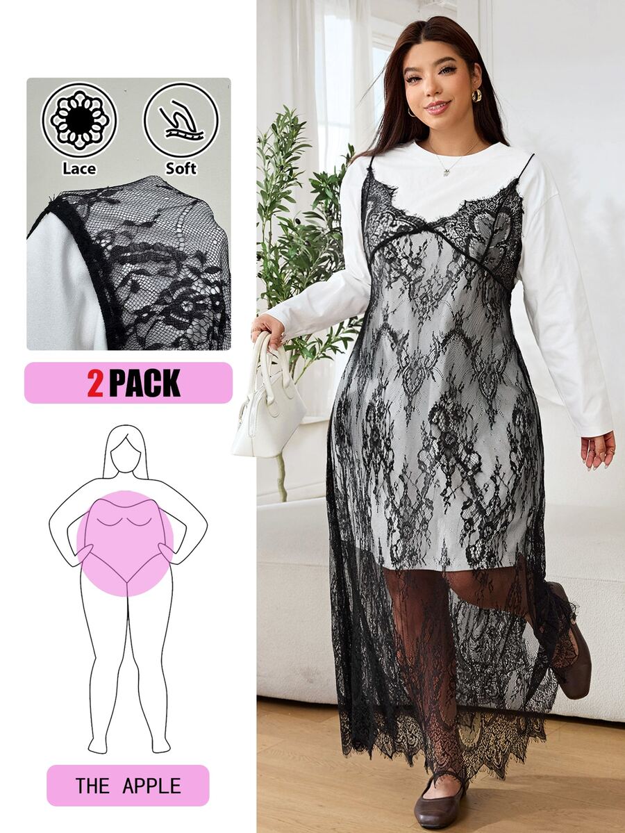 Solflare Plus Size Fashion Lace Patchwork 2 In 1 Long Sleeve Dress For City Stroll And Back To School Fall - Multicolor - View 1