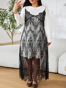Solflare Plus Size Fashion Lace Patchwork 2 In 1 Long Sleeve Dress For City Stroll And Back To School Fall - Multicolor - View 6