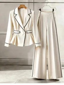 GlowEve CURVE Plus Size Minimalist Shawl Collar Knit Trim Contrast Button Decor Belt Loop Blazer With Pockets And Wide Leg Pants Suit Set - Apricot - View 3
