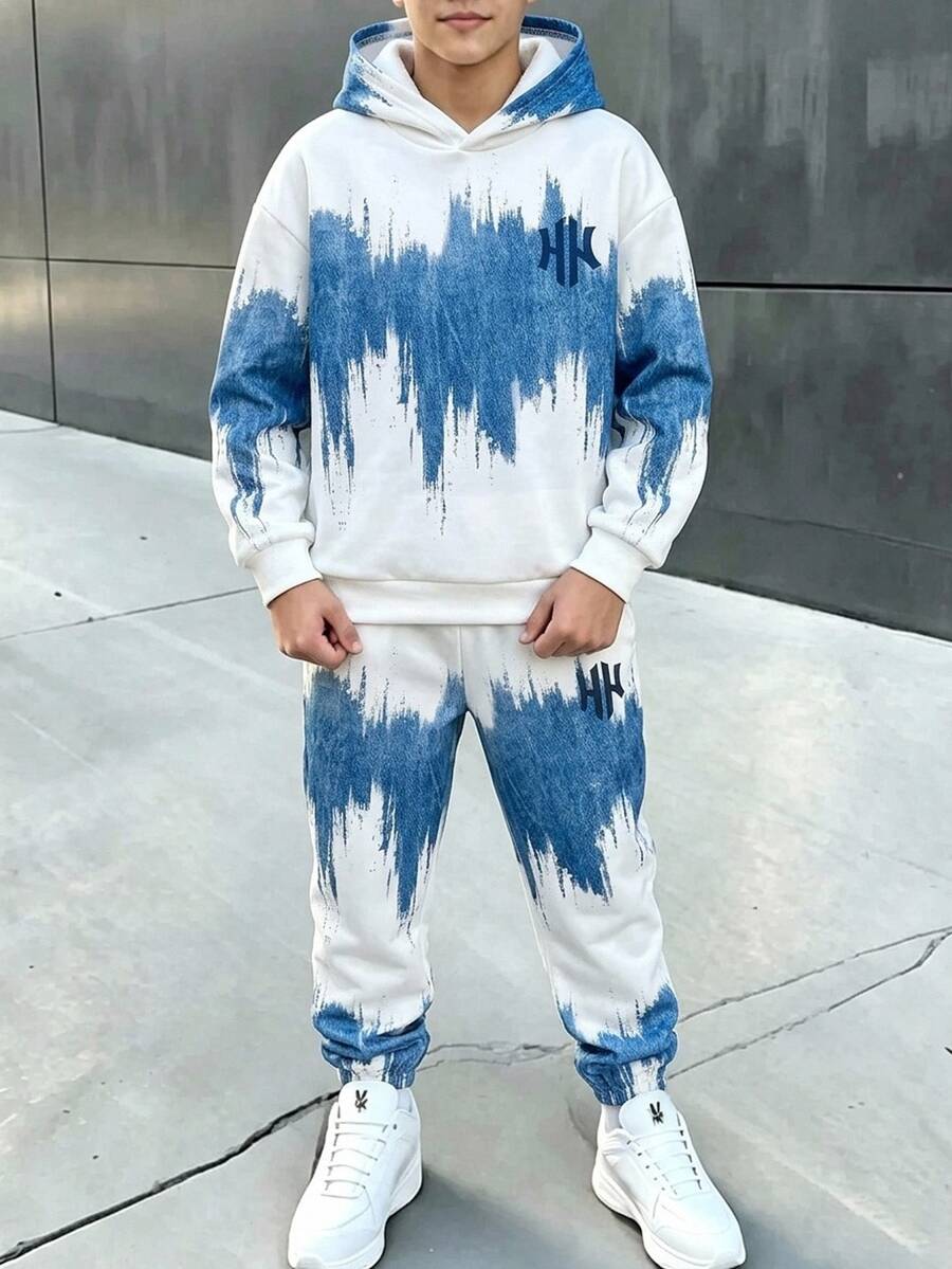 SHEIN 2pcs Kids Tween Boy Casual Sports Versatile Gradient Tie-Dye Pattern Pullover Sweatshirt & Pants Set, Suitable For Commuting, School, Daily Casual, Vacation, Travel, Sports, Autumn/Winter - Blue - View 1