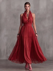Everyssa Fashionable Flowy Ruffle Hem Elegant Jamaican European Long Dress For Women Wedding Vacation Vacation Dark Red Summer - Burgundy - View 3