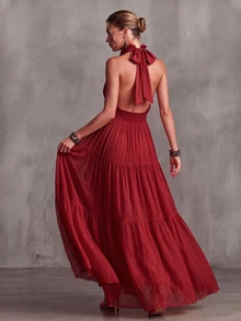 Everyssa Fashionable Flowy Ruffle Hem Elegant Jamaican European Long Dress For Women Wedding Vacation Vacation Dark Red Summer - Burgundy - View 2