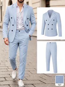 Manfinity Mode Men's Casual Business Suit Set, Made Of Plaid Fabric, Suitable For Daily Commuting, Relaxed Work Environment Or Semi-Formal Occasions, Also An Ideal Gift For Boyfriend And Husband - Blue - View 1