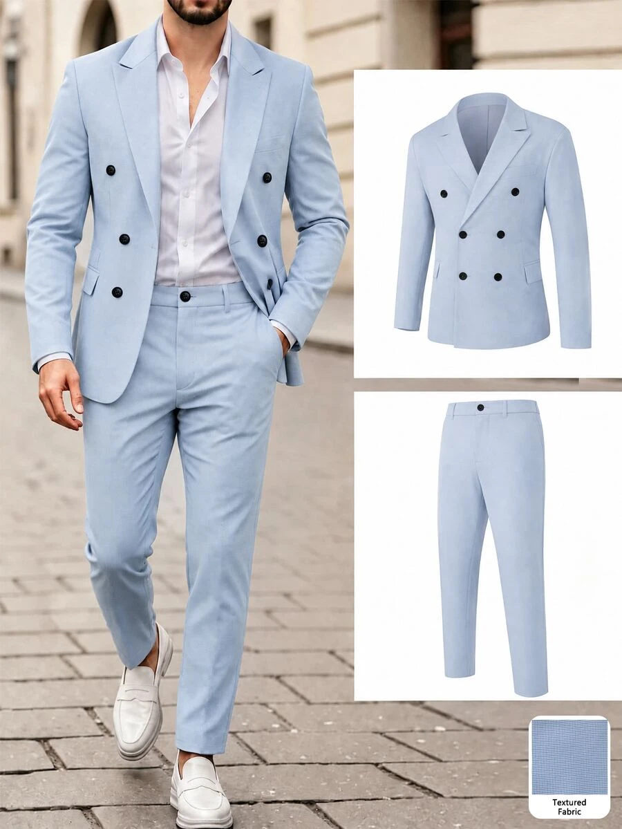 Manfinity Mode Men's Casual Business Suit Set, Made Of Plaid Fabric, Suitable For Daily Commuting, Relaxed Work Environment Or Semi-Formal Occasions, Also An Ideal Gift For Boyfriend And Husband - Blue - View 1