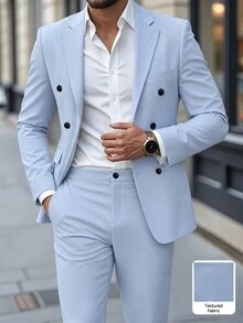 Manfinity Mode Men's Casual Business Suit Set, Made Of Plaid Fabric, Suitable For Daily Commuting, Relaxed Work Environment Or Semi-Formal Occasions, Also An Ideal Gift For Boyfriend And Husband - Blue - View 3