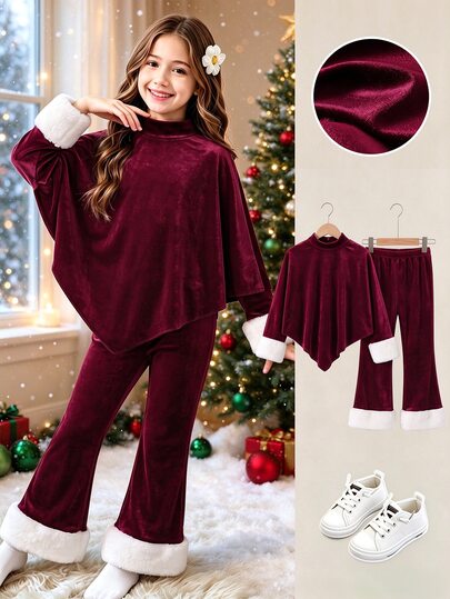 SHEIN Conjunto de 2 piezas para niña preadolescente, estilo casual, modesto y lindo, de moda para vacaciones, juegos al aire libre y familia, de punto blanco y borgoña, con cuello semi alto, bajo asimétrico, top y pantalones, para otoño