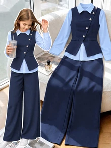 SHEIN 女童秋冬/春季休閒時尚簡約V領無袖腰帶外套＋長袖白色襯衫＋寬鬆直筒長褲三件套 - 藍色 - 查看 4
