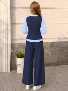 SHEIN 女童秋冬/春季休閒時尚簡約V領無袖腰帶外套＋長袖白色襯衫＋寬鬆直筒長褲三件套 - 藍色 - 查看 2