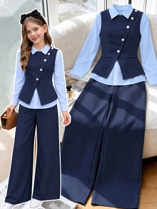 SHEIN 女童秋冬/春季休閒時尚簡約V領無袖腰帶外套＋長袖白色襯衫＋寬鬆直筒長褲三件套 - 藍色 - 查看 5