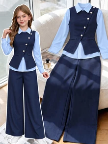 SHEIN 女童秋冬/春季休閒時尚簡約V領無袖腰帶外套＋長袖白色襯衫＋寬鬆直筒長褲三件套 - 藍色 - 查看 7