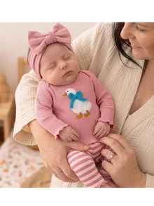 SHEIN Newborn Baby Girl Casual Cute Knitted Cartoon Pattern Pajamas Elastic Waist Long Pants Loungewear Set - Pink - View 2