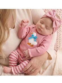 SHEIN Newborn Baby Girl Casual Cute Knitted Cartoon Pattern Pajamas Elastic Waist Long Pants Loungewear Set - Pink - View 1