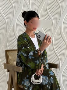 Al Najma Women's Pleated Floral Print Fabric Long Sleeve Full Skirt Abaya Fall/Winter Going Out Festival Going Out Camouflage - Green - View 4