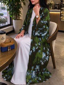Al Najma Women's Pleated Floral Print Fabric Long Sleeve Full Skirt Abaya Fall/Winter Going Out Festival Going Out Camouflage - Green - View 6
