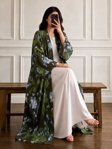 Al Najma Women's Pleated Floral Print Fabric Long Sleeve Full Skirt Abaya Fall/Winter Going Out Festival Going Out Camouflage - Green - View 5